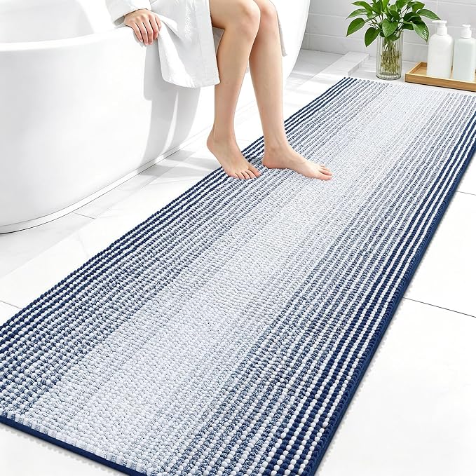 OLANLY Bathroom Runner Rugs 70x24, Soft Chenille Striped Bath Rugs, Navy | Extra Absorbent, Rubber Backing, Machine Wash Dry, Bath Mats for Bathroom Floor, Tub and Shower, Home Decor Accessories