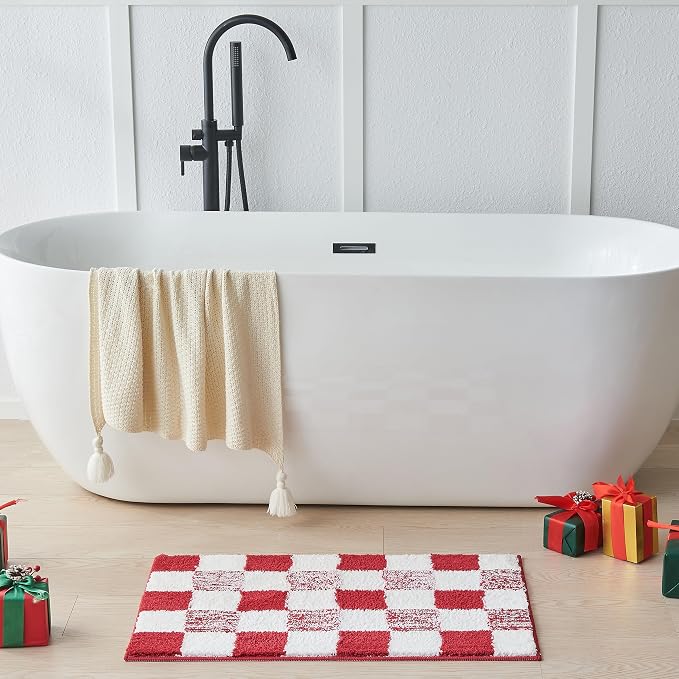 CozeCube Christmas Red Checkered Bath Mat 36"x24" Non Slip Washable Rug | For Bathroom Non Slip, Fluffy Absorbent Microfiber Bath Mats Machine Wash, Stylish Long Aesthetic Bathroom Rugs