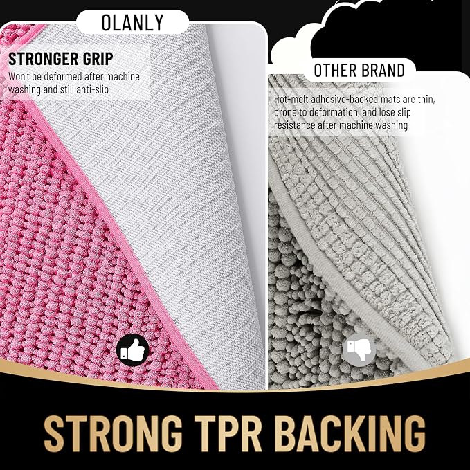 OLANLY Thick Chenille Small Bathroom Rugs Mats 24x16, Hot Pink | Soft Absorbent Bath Rugs, Rubber Backing, Machine Wash Dry, Bath Mats for Bathroom, Tub and Shower, Home Decor Accessories