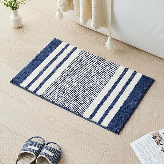 CozeCube Navy Blue Striped 36"x24" Non Slip Washable Bath Mat | For Bathroom, Fluffy Absorbent Microfiber Bath Mats Machine Wash, Stylish Large Aesthetic Bathroom Rugs