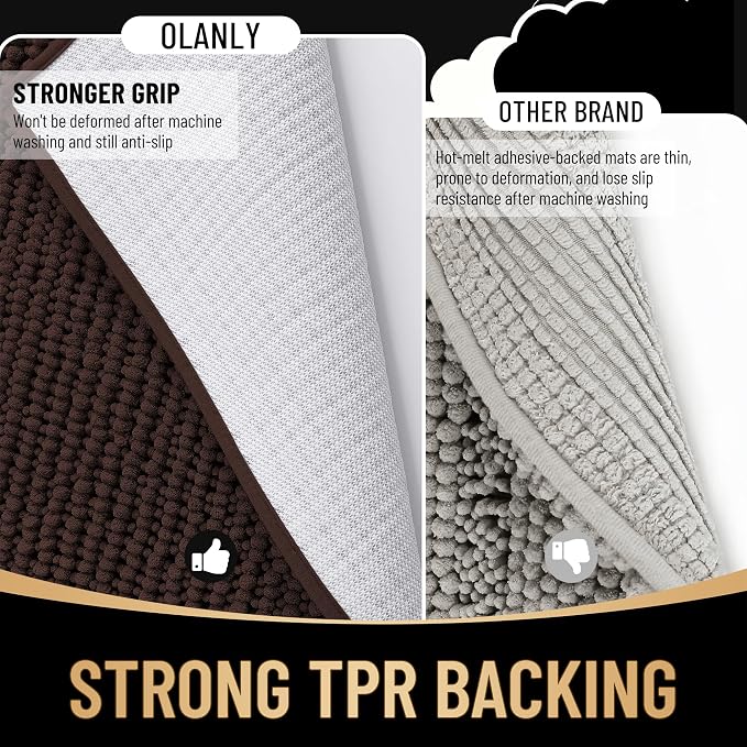OLANLY Thick Chenille Large Bathroom Rugs 40x32, Absorbent Bath Mat, Brown | Soft Bath Rugs, Rubber Backing, Machine Wash Dry, Bath Mats for Bathroom, Tub and Shower, Home Decor Accessories