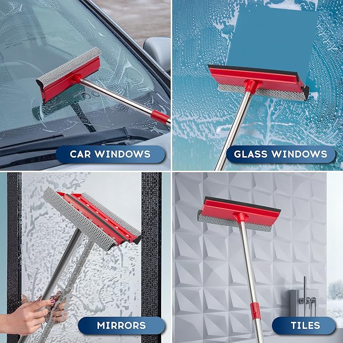 Window Squeegee, 2-in-1 Window Cleaner with 55" Extension Poles, Window Washing Kit, Glass Door Cleaner, Multi-Use Car Windshield Cleaning Tool with Long Handle for High Outdoor Windows