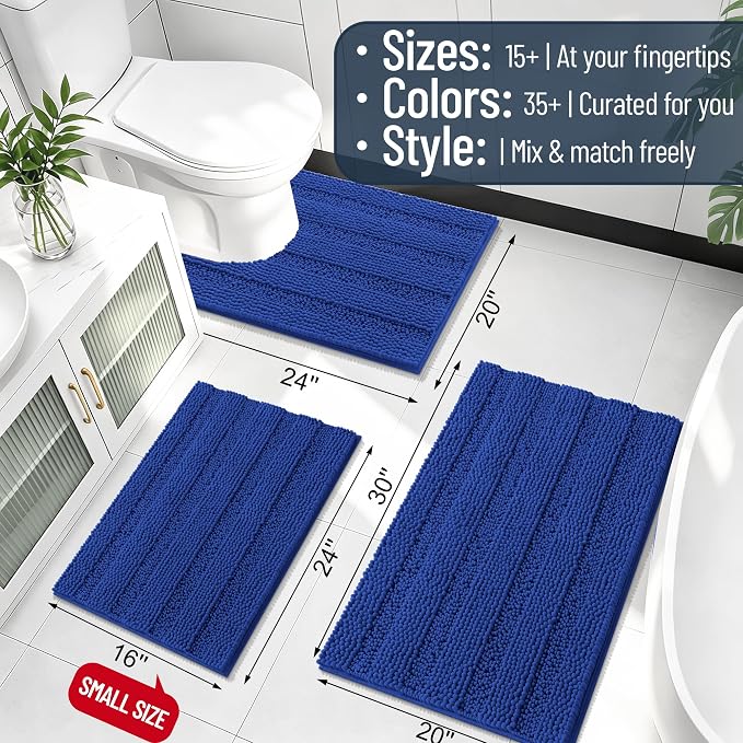 Smiry Thick Chenille Bathroom Runner Rugs 44x24, Soft Bath Mat, Royal Blue | Quick‑Dry & Machine Washable, Non‑Slip Bath Carpet, Striped Bath Rugs for Tub & Shower, Modern Home Decor Accessories
