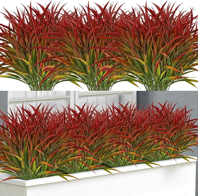 16 Pcs Artificial Plants Outdoor Fake Fall Greenery Stems, Red | Faux grass, UV resistant, plastic plants shrubs, autumn Thanksgiving garden pathway window farmhouse front porch home decor
