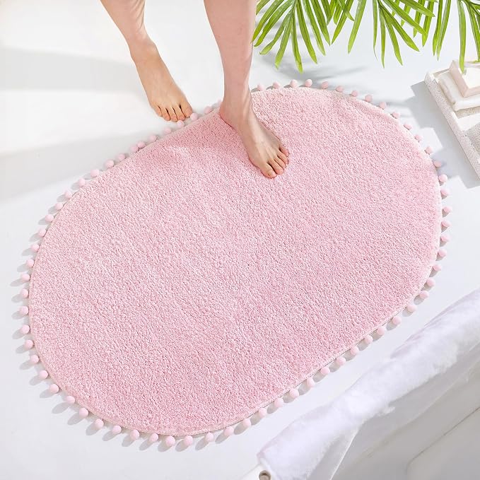YIRDDEO Oval Rug for Bathroom, Cute Boho Bath Mat with Pom, Pink, 36"x24" | Soft Plush, Absorbent, Quick Dry, Machine Washable, Non Slip Bath Mat for Bathroom Shower Floor Home Decor