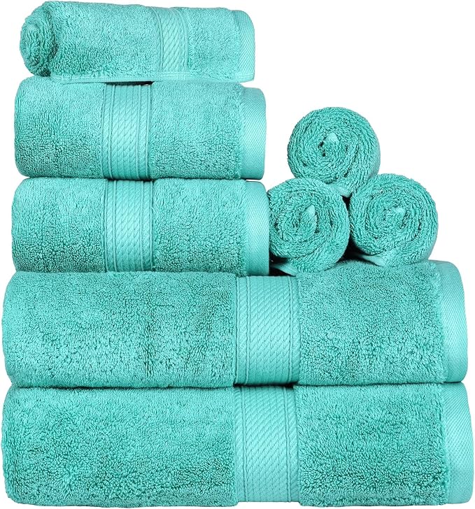 SUPERIOR Egyptian Cotton Ultra Plush & Absorbent, 8 Piece Set, Turquoise | Quick Dry, Soft Luxury Towel Set, Bath Essentials, Guest Bath, Spa, 2 Bath, 2 Hand, 4 Face Towels, Madeline Towels