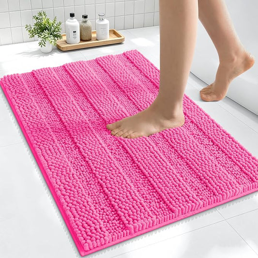 Smiry Thick Small Chenille Bathroom Rugs 24x16, Soft Bath Mat, Hot Pink | Quick‑Dry & Machine Washable, Non‑Slip Bath Carpet, Striped Bath Rugs for Tub & Shower, Modern Home Decor Accessories