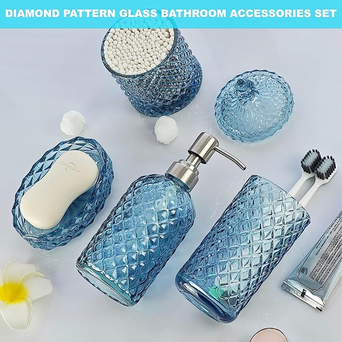 LaMarriti Blue Bathroom Accessories Set, 4Pcs Clear Glass Bathroom Set | Lotion Soap Dispenser, Toothbrush Holder Set, Soap Dish, Qtip Holder for Vintage Crystal Bath Decor, Gift Set