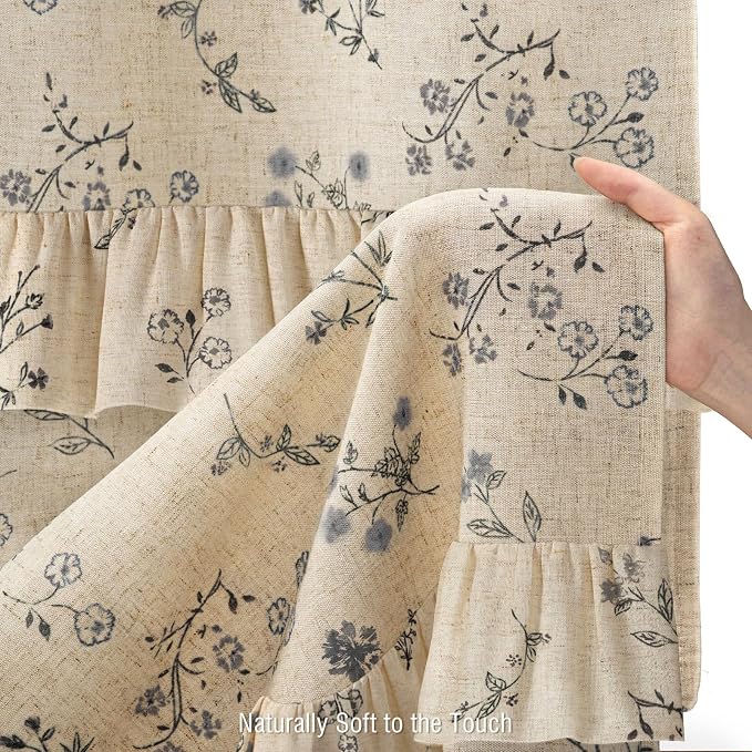 Black Floral Vintage Linen Shower Curtain, French Country Ruffle Shower Curtains for Bathroom, 72Wx72H