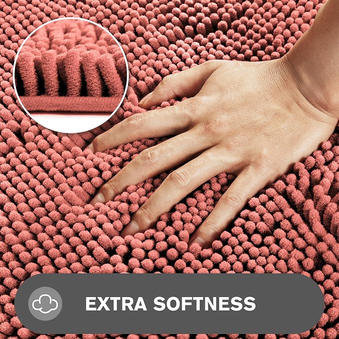 Coral Bathroom Rugs – Absorbent and Washable Bath Mat, Non-Slip, Thick Soft Chenille Bath Rugs for Bathroom Floor, Shower, Sink - 17" x 24"