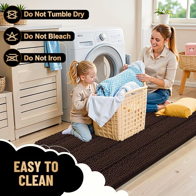 OLANLY Thick Bathroom Rugs 34x21, Soft Chenille Striped Bath Rugs, Brown | Rubber Backing, Machine Wash, Extra Absorbent Bath Mats for Bathroom Floor, Tub and Shower, Home Decor Accessories