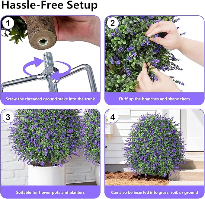 26'' Artificial Boxwood Topiary Trees with Lavender 2 Pack Fake Plants for Outdoor Indoor Artificial Shrubs with Metal Ground Spike UV Resistant Fake Bushes for Front Porch Garden, Purple
