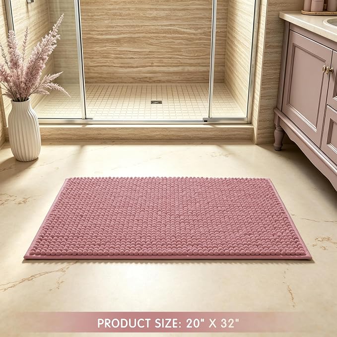 SUBRTEX Bathroom Rugs, 20" x 32" Chenille Bath Rug Soft Short Plush Bath Mat Soft Shower Mat Water Absorbent Shower Mat Quick Dry Machine Washable, Pink
