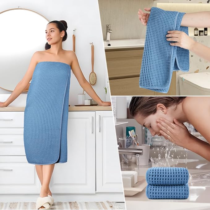 POLYTE 430 GSM Poly Blend Microfiber Quick Dry Waffle Bath Towel Set of 6 | 2-Body Towels, 2-Hand Towels, 2-Wash cloths, Oversize, Lint Free