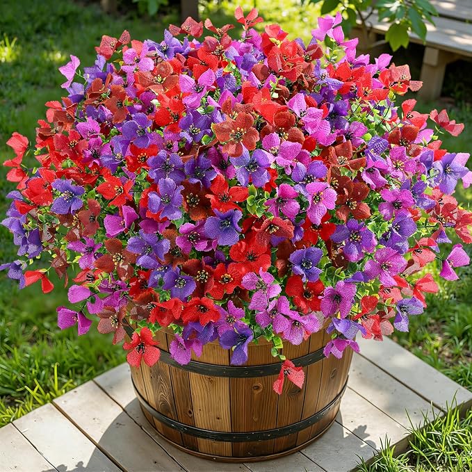 SHareconn 20 Bundles Artificial Flowers UV Resistant Outdoor Decor | Realistic Silk Flowers, Spring Fake Plants Greenery, For Patio Porch Planter Yard Home Spring Decor, 4 Colors