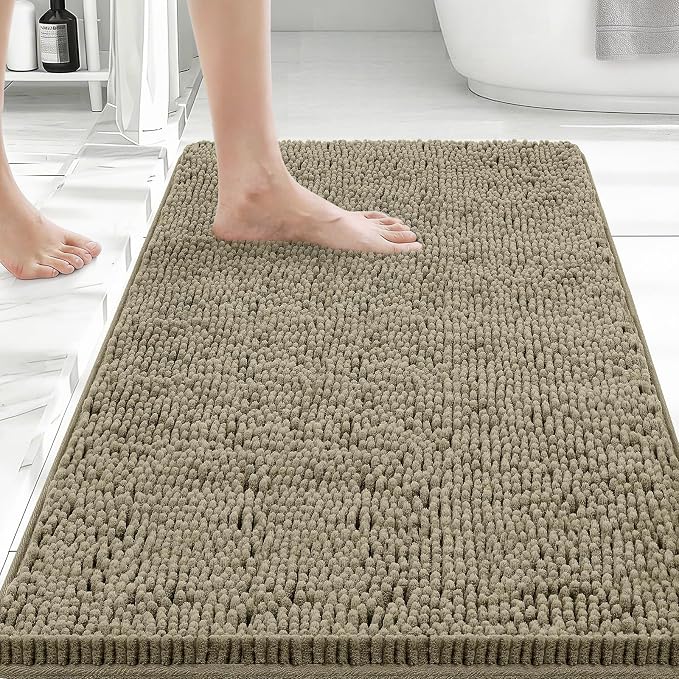 Bcoimo Bath Rug Mat,30x20 Chenille High Absorbent Latte Bathrom Floor Mats | Non Slip with Rubber Backing Bathroom Rugs Machine Washable;Extra Soft Bath Rug ;High Absorbent And Quick Dry Microfiber mat