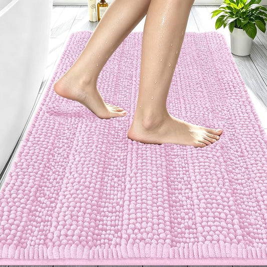Smiry Thick Chenille Bathroom Rugs 30x20, Soft Absorbent Bath Mat, Pink | Quick‑Dry & Machine Washable, Non‑Slip Bath Carpet, Striped Bath Rugs for Tub & Shower, Modern Home Decor Accessories