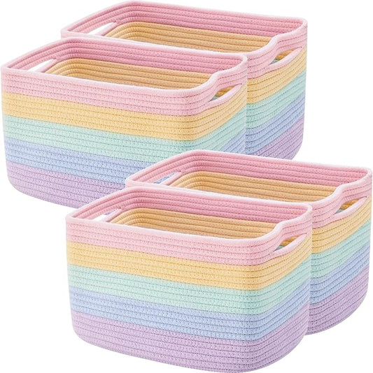 Rainbow Rope Basket for Shelves Storage Bins for Toys 4 Pack | Woven Rectangle Storage Basket for Baby Girl Nursery Toy Storage for Playroom, Classroom, or Girls' Room 12.7"L x 9"W x 7.8"H