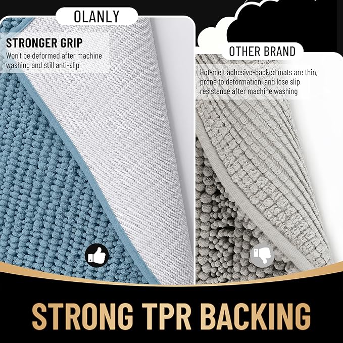 OLANLY Thick Chenille Large Bathroom Rugs Mats 59x35, Airy Blue | Soft Absorbent Bath Rugs, Rubber Backing, Machine Wash Dry, Bath Mats for Bathroom, Tub and Shower, Home Decor Accessories