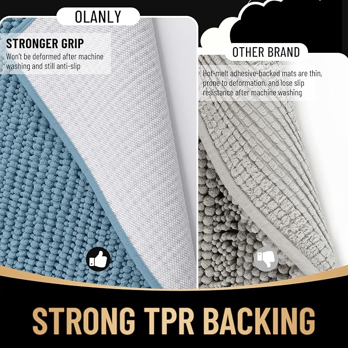 OLANLY Thick Chenille Bathroom Runner Rugs Mats 47x24, Airy Blue | Soft Absorbent Bath Rugs, Rubber Backing, Machine Wash Dry, Bath Mats for Bathroom, Tub and Shower, Home Decor Accessories