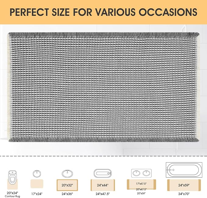 Waffle Bath Mat Darkgrey & Cream 36"x24", Boho Woven Modern Bath Mat Rugs, Absorbent Non Slip Bathroom Rugs, Soft Washable Bath Rugs with Tassels for Bedroom, Kitchen, Shower, Tub