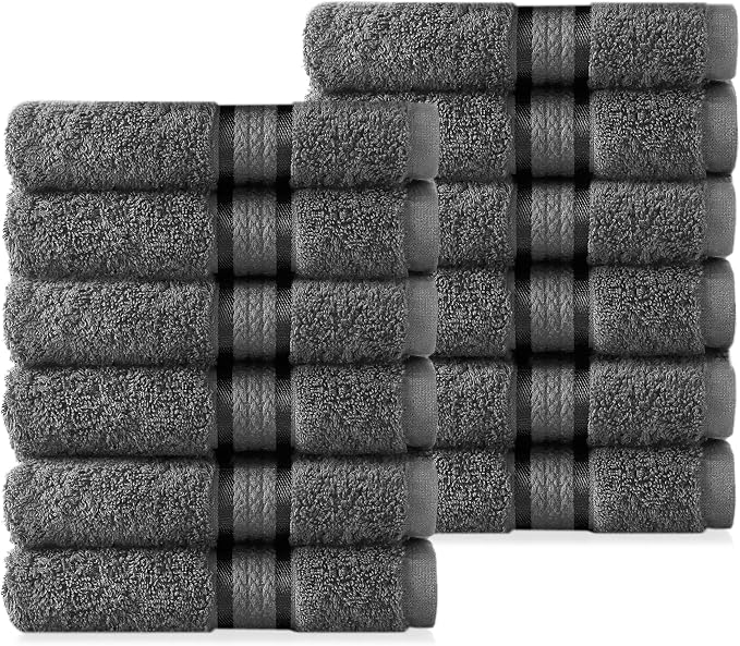 COTTON CRAFT Ultra Soft Washcloths - 12 Pack 100% Ringspun Cotton Facecloth | Large 12x12 Charcoal Washcloths - Plush 580 GSM Absorbent Quick Dry Everyday Luxurious Wash Towels for Baby Spa Gym Travel