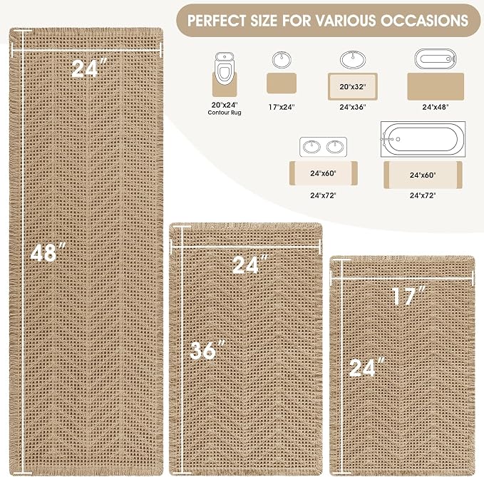Upgraded Waffle Bath Mat Set 3 Piece Beige-Herringbone, Super Absorbent Non-Slip Quick Dry Bathroom Rugs with Tassels, Machine Washable Ultra Soft Boho Bath Rugs, Toilet Mats Boho Farmhouse Decor