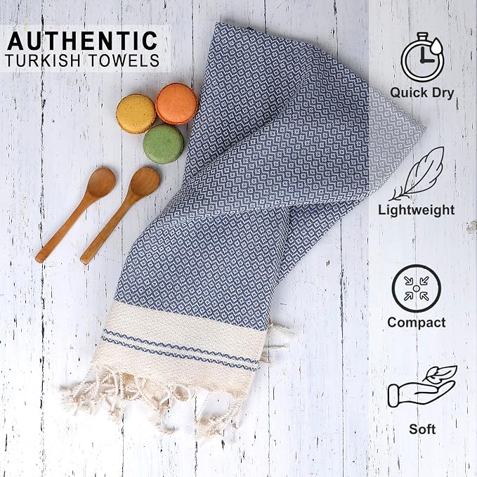 Evelynen Turkish Hand Towels for Bathroom & Kitchen Towels Decorative Set of 2 | Boho Farmhouse Hand Towels with Hanging Loops for Face, Tea, Dish, Kitchen & Bath | (16" x 32" - Navy Blue)