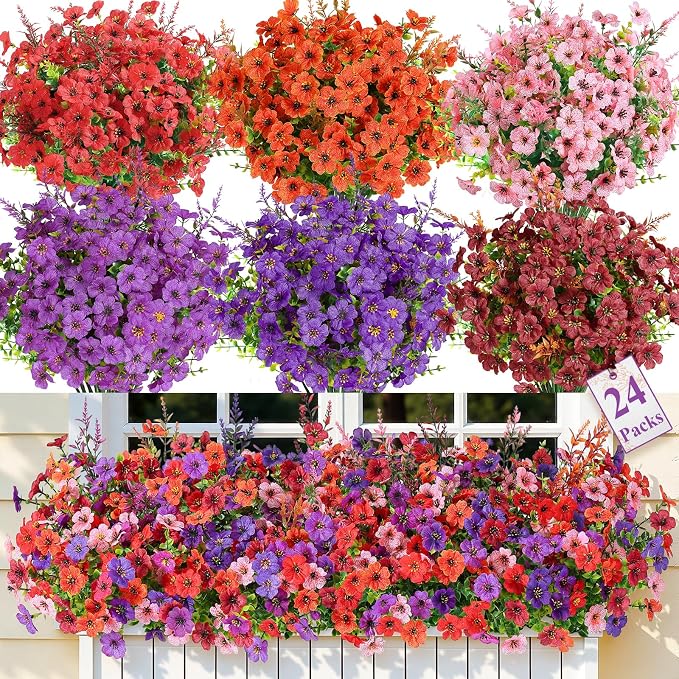 SHareconn 24 Bundles Artificial Flowers for Outdoors UV Resistant Decor | Realistic Silk Violet Lavender, UV Resistant Fake Flowers, Ideal Spring Decor for Patio Porch, Yard Planter & Home, 6 Colors