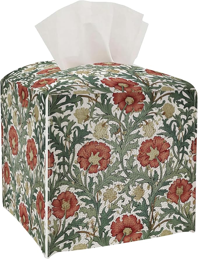Tissue Box Cover Holder Square - Vintage Boho PU Leather Decorative Organizer, Ethnic Carpet Pattern Design Inspired, with Bottom Belt for Bathroom Car Office Tabletop Home, 5x5 Inch (Beige&Blue)