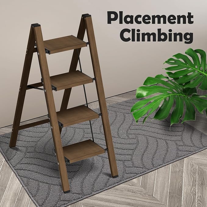 Taranta 4 Step Stool Foldable,Aluminum Step Ladder-Walnut | Lightweight,Wide Anti-Slip Pedals,Folding Step Stool,330lbs Capacity Stepladder for Household,Kitchen,Office