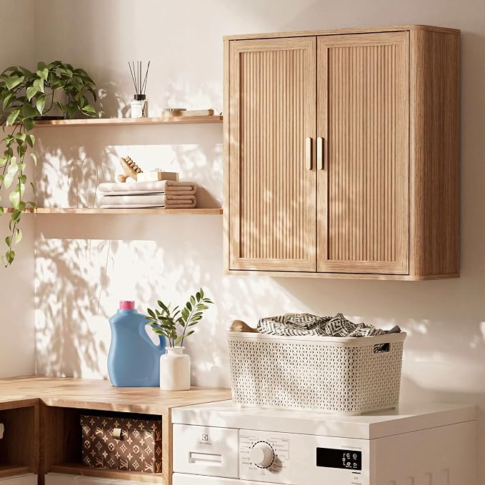 Bathroom Storage Wall Cabinet, Over the Toilet Storage Cabinet Above Toilet Storage, Medicine Cabinet with Adjustable Wood Shelf & Doors for Laundry Room & Kitchen & Living Room (Natural Oak)