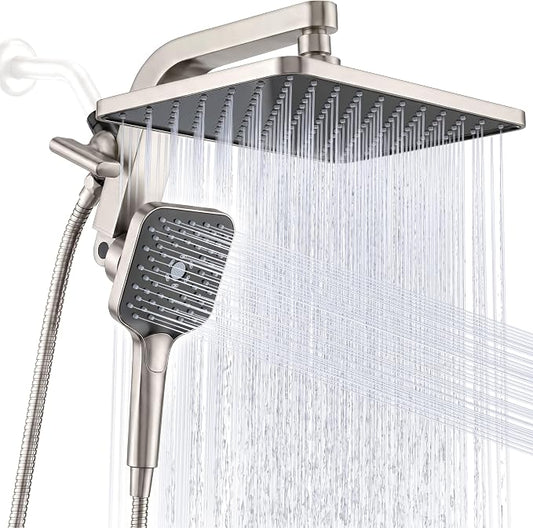 12" XXL Rainfall Shower Head with Handheld Combo Set, Nickel Brushed | High Pressure, Magnetic Docking, Air-Infusion Tech, Anti-Leak One-Piece Design, Dual Square Showerhead