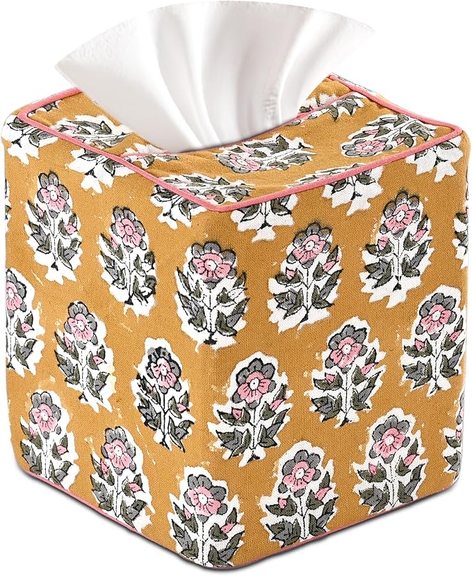CPC Yellow Citrine Hand Block Printed Cotton Tissue Box Cover 5" x 5" x 5.5" Square Soft Reusable Boho Napkin Holder for Home Kitchen Dining Bathroom Office Cafe Spa, Gift for Spring, Mother's Day