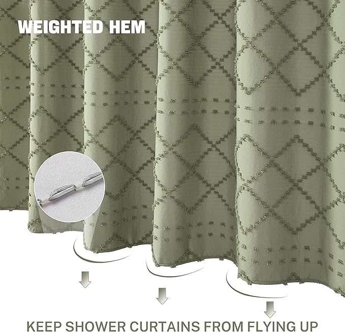 Siiluminisoy Extra Long Sage Green Boho Shower Curtain - Woven Fabric, 72 x 96 Inches, Tufted Chevron Textured Striped, Modern Farmhouse Minimalist for Bathroom