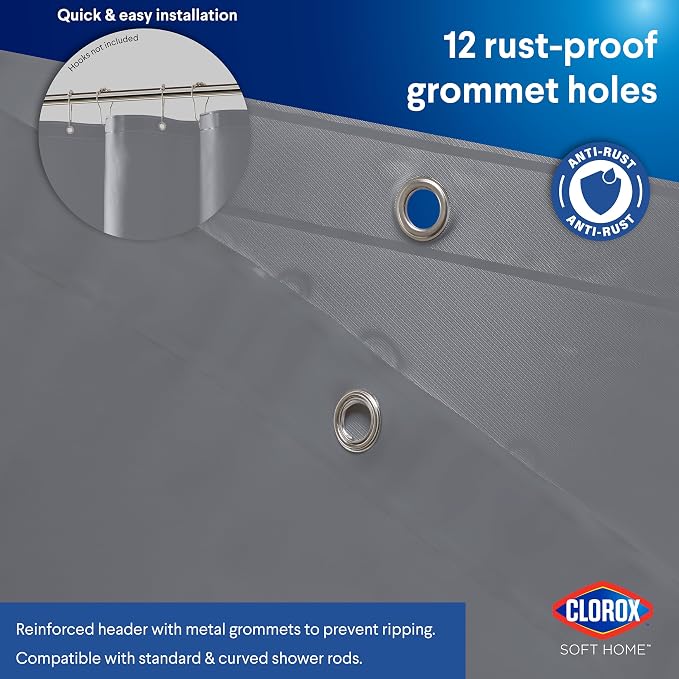 Clorox Shower Curtain Liner, Premium Colored Medium-Weight Durable Waterproof 6g PEVA for Bathroom with Weighted Magnets, Standard Size 72" x 72", Grey