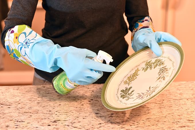 G & F Reusable Household Cleaning Gloves, Cotton-Lined Latex Rubber Dishwashing Gloves, Non-Slip Waterproof Kitchen & Bathroom Gloves for Washing Dishes, Scrubbing, Mopping & Household Chores