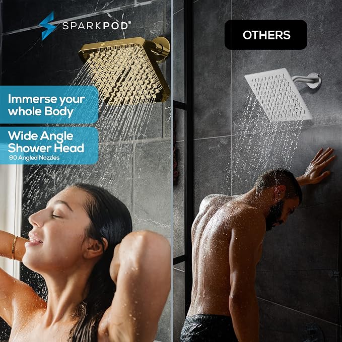 SparkPod Rain Shower Head, 8 Inch Square, Egyptian Gold Finish | High Pressure Shower Heads, 90 Nozzles, Adjustable Showerhead, No Tools Needed, Universal Connection