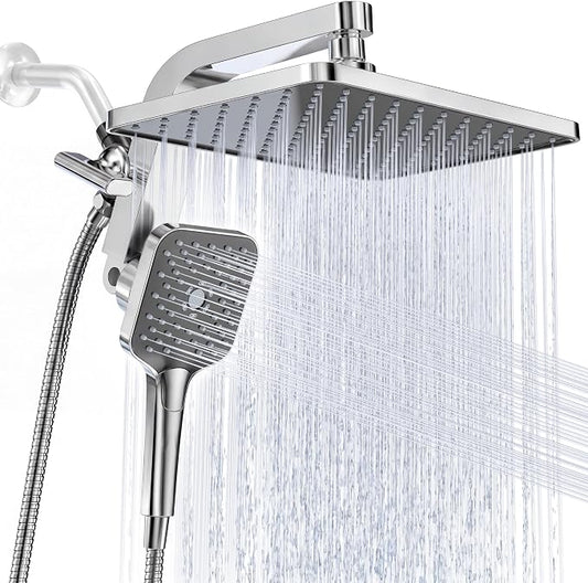 12" XXL Rainfall Shower Head with Handheld Combo, Chrome Polished | High Pressure, Magnetic Docking, Air-Infusion Tech, Anti-Leak One-Piece Design, Dual Square Showerhead
