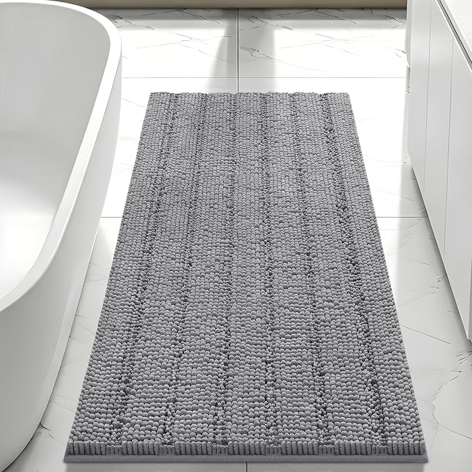 Bcoimo Bath Rug Mat,44x24 Chenille Non Slip Gray Long Bathroom Runner Rugs | Extra Soft Bathroom Floor Mats;Non Slip with Rubber Back Bath Mats;High Absorbent, Quick Dry Microfiber mat; Machine Washable