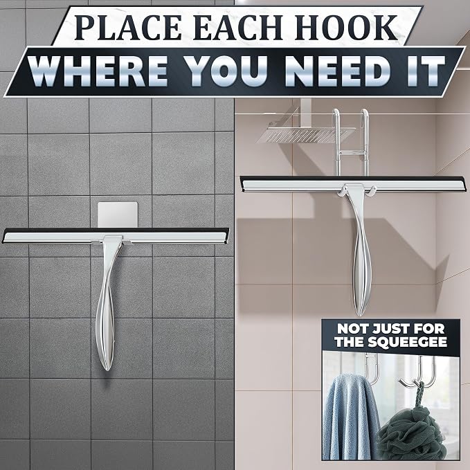 Shower Door Squeegee with Hook, 14" Silicone Blade, Steel (Silver) | Squeegee for Shower Glass with Adhesive Mount; All-Purpose Bathroom Tile, Mirror, & Window Wiper for Streak-Free Cleaning