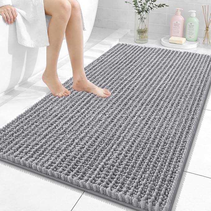 OLANLY Large Bathroom Rugs 44x32, Thick Soft Absorbent Chenille Bath Rugs | Grey, Quick-Drying Rubber Backing, Shaggy Bath Mat, Machine Washable for Floor, Tub and Shower, Home Decor Accessories