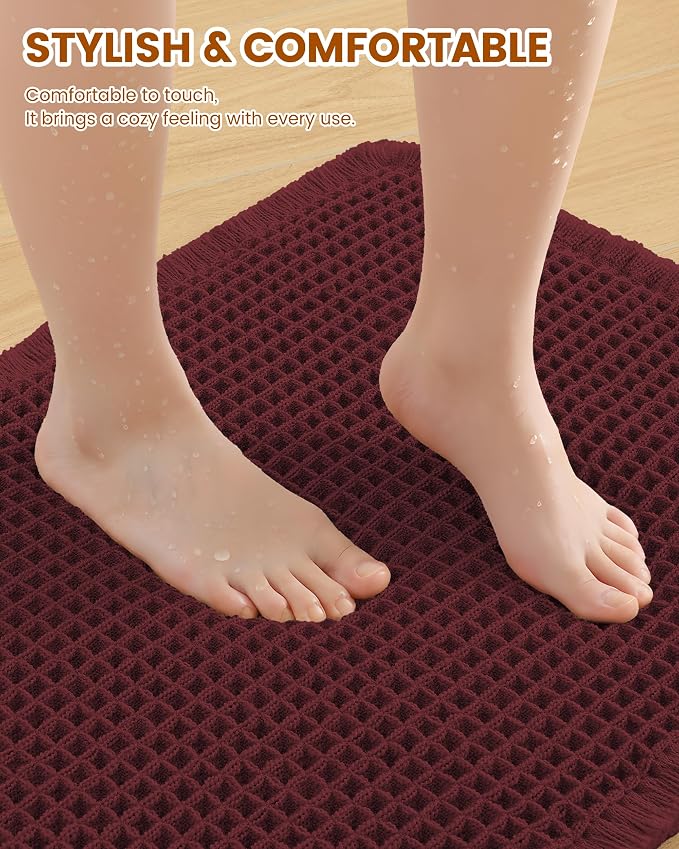 Smiry Waffle Bath Mat 24X16, Extra Soft Absorbent Bathroom Rugs, Burgundy | Non Slip Machine Washable Quick Dry Bath Rugs for Bathroom Floor, Tub, Shower, Home Decor Accessories
