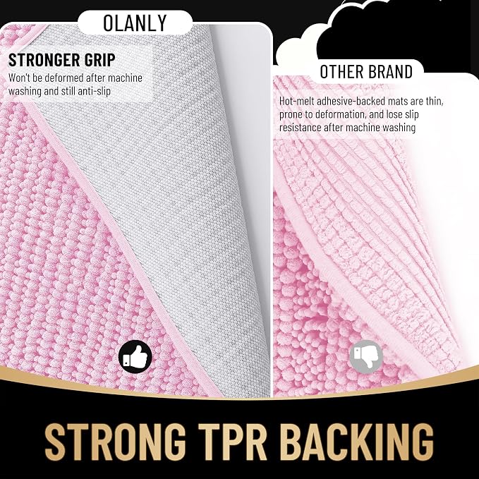 OLANLY Thick Chenille Bathroom Rugs 36x24, Soft Absorbent Bath Mat, Pink | Bath Rugs, Rubber Backing, Machine Wash Dry, Bath Mats for Bathroom Floor, Tub and Shower, Home Decor Accessories