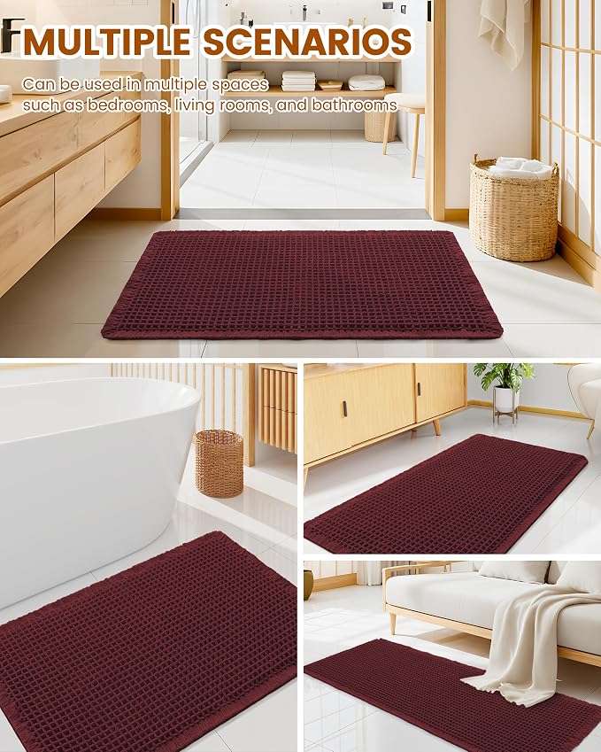 Smiry Waffle Bath Mat 30X20, Extra Soft Absorbent Bathroom Rugs, Burgundy | Non Slip Machine Washable Quick Dry Bath Rugs for Bathroom Floor, Tub, Shower, Home Decor Accessories