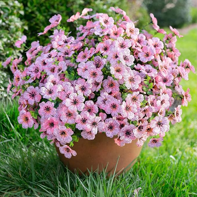 florisso Artificial Flowers for Outdoors Daisy 12 Bundles for Decor | Faux Flower Fake Plants Outside Decoration with Eucalyptus UV Resistant for Planter Porch Patio Yard Garden Pink