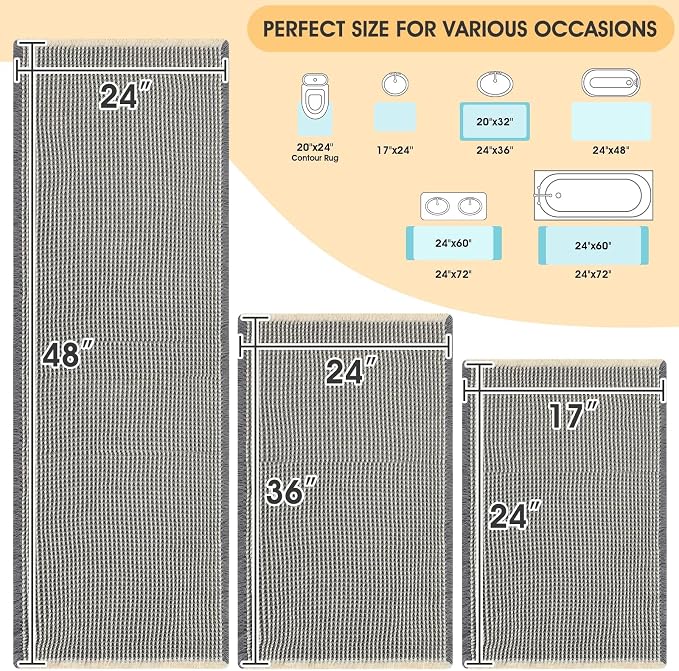 Waffle Bath Mat Set 3 Piece Grey & Beige,Woven Modern Bath Rug Mats, Absorbent Non Slip Bath Floor Mat, Soft Washable Boho Bath Rugs with Tassels for Bathroom, Bedroom, Kitchen, Tub