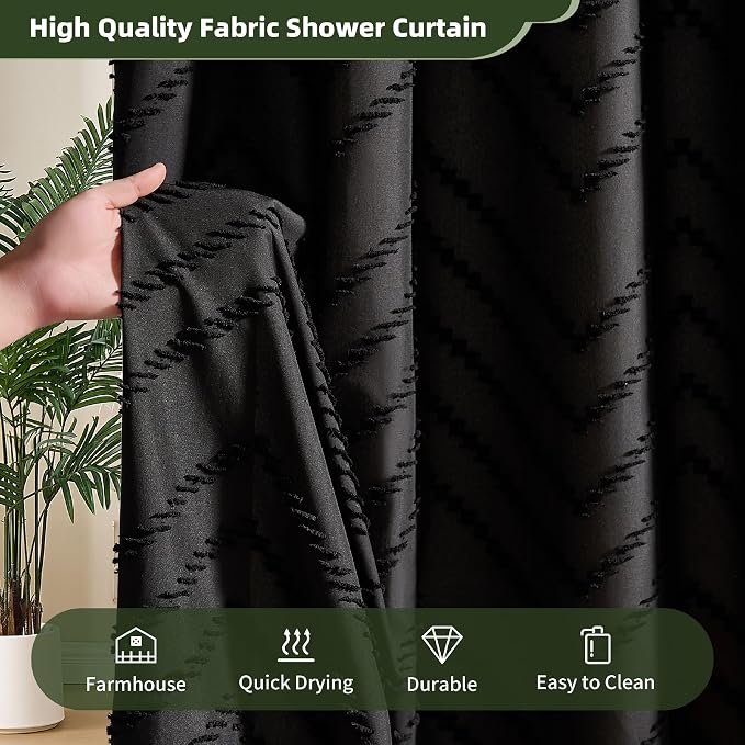 Siiluminisoy Boho Shower Curtain - Black Tassel Woven Fabric, 60 x 72 Tufted Chevron Striped Textured Modern Farmhouse Minimalist for Bathroom