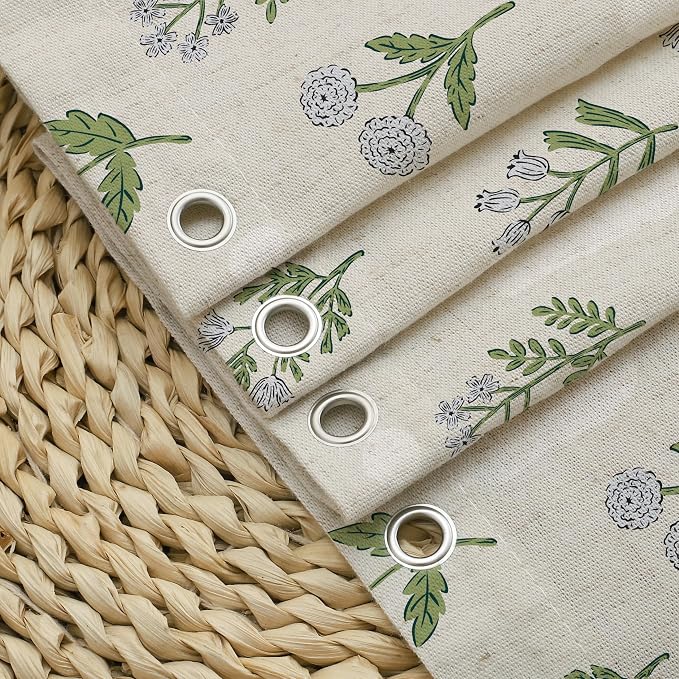MUGINYU Linen Textured Ruffle Shower Curtain - Vintage Floral Block Print in Beige and Green, Boho Cottagecore Farmhouse French Country Bathroom Decor Set, 72x72 Inches