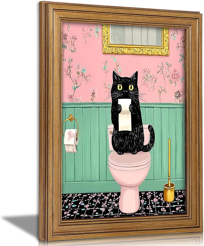 Vintage Gold Framed Cat Bathroom Wall Art Funny Black Cat Handheld Toilet Paper Painting Canvas Retro Farmhouse Animal Toilet Wall Decor for kids Room Restroom Bathroom，12x16in
